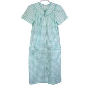 Elegant Emily Duster House Coat Robe S Mint Green Gingham Plaid Pearl New NWT